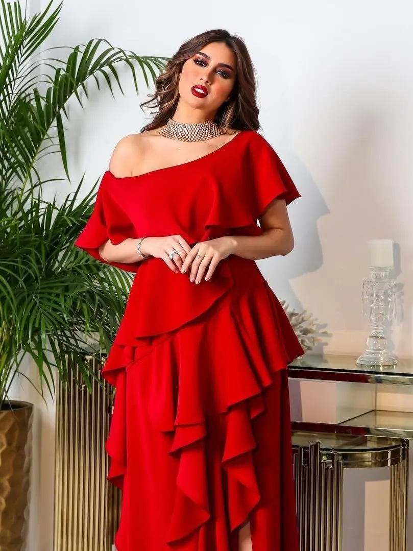 India Dubai Party Dress for Women Skew Collar Ruffle Ball Gown Vestidos Wedding Prom Evening Dress Red Color Morocco Dresses