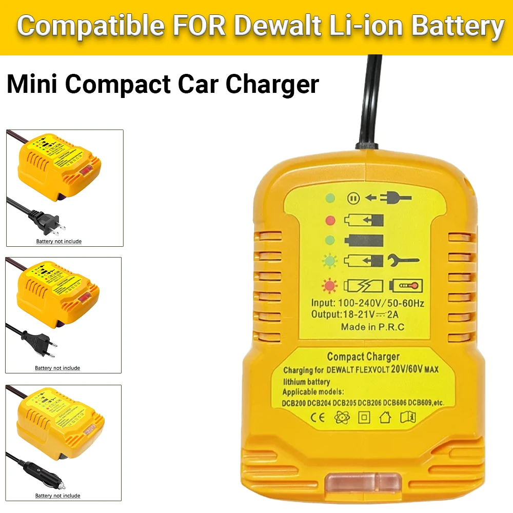 

12V/24V 100-240V Li-ion Battery Mini Compact Car Charger for DeWalt 18V 20V 60V Lithium Battery DCB200 Replacement for DCB112