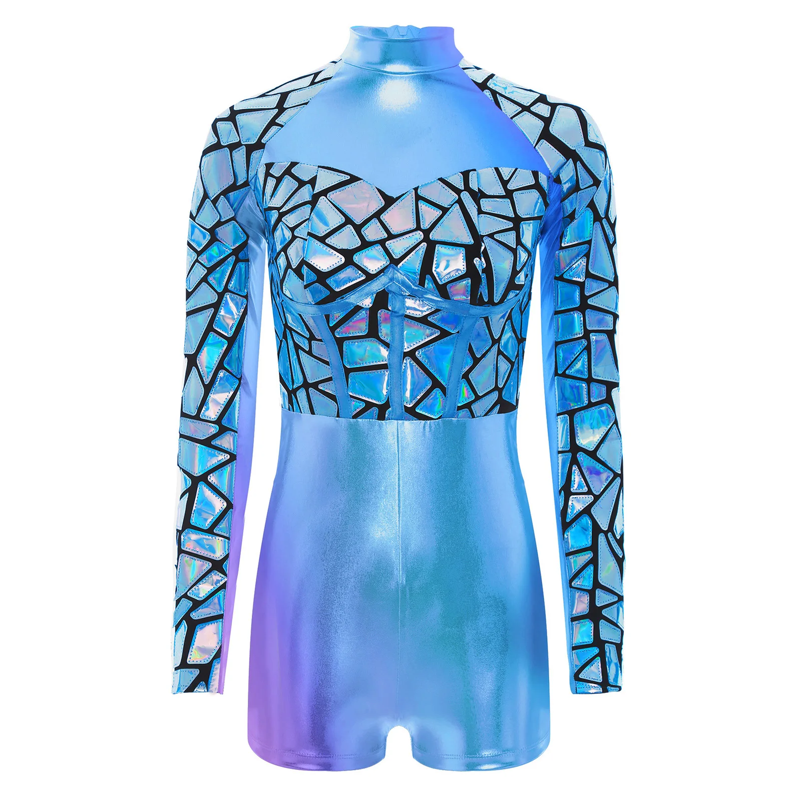 

Women Fashion Galaxy Space Warrior Alien Reflective Role Play Jumpsuits Long Sleeve Metallic Party Dance Bodysuit Masquerade