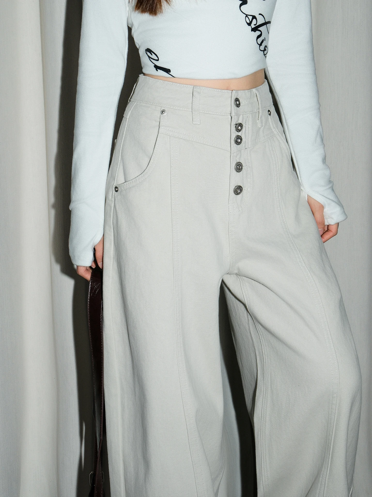 American Style Single-Button Loose Women's Jeans High Waist Casual Spring Fashion Design Slimming Wide Leg Pants