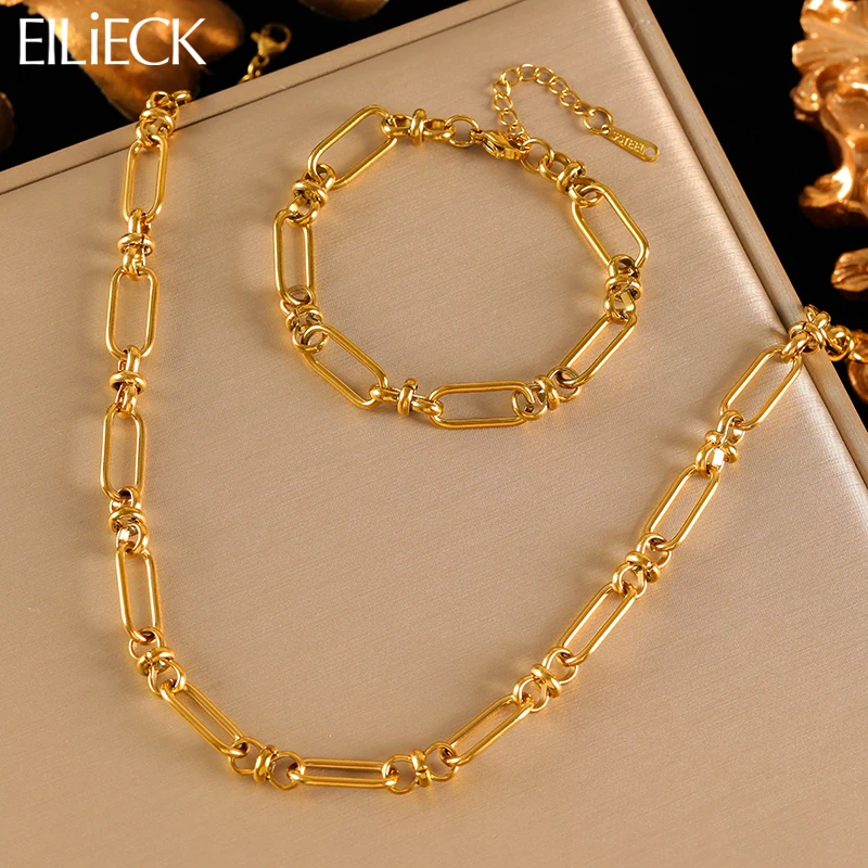 

\EILIECK Stainless Steel Metal Gold Color Chain Necklace Bracelet For Women New Fashion Waterproof Collar Jewelry Set Gift Party