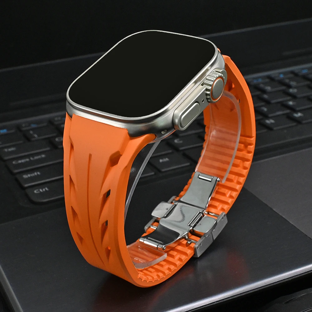 

Mens Rubber Strap For Apple Watch Ultra 2 1 49mm 45mm 44mm 42mm Cut To Size Band For iWatch Series 9 8 7 6 5 4 3 Sports Bracelet