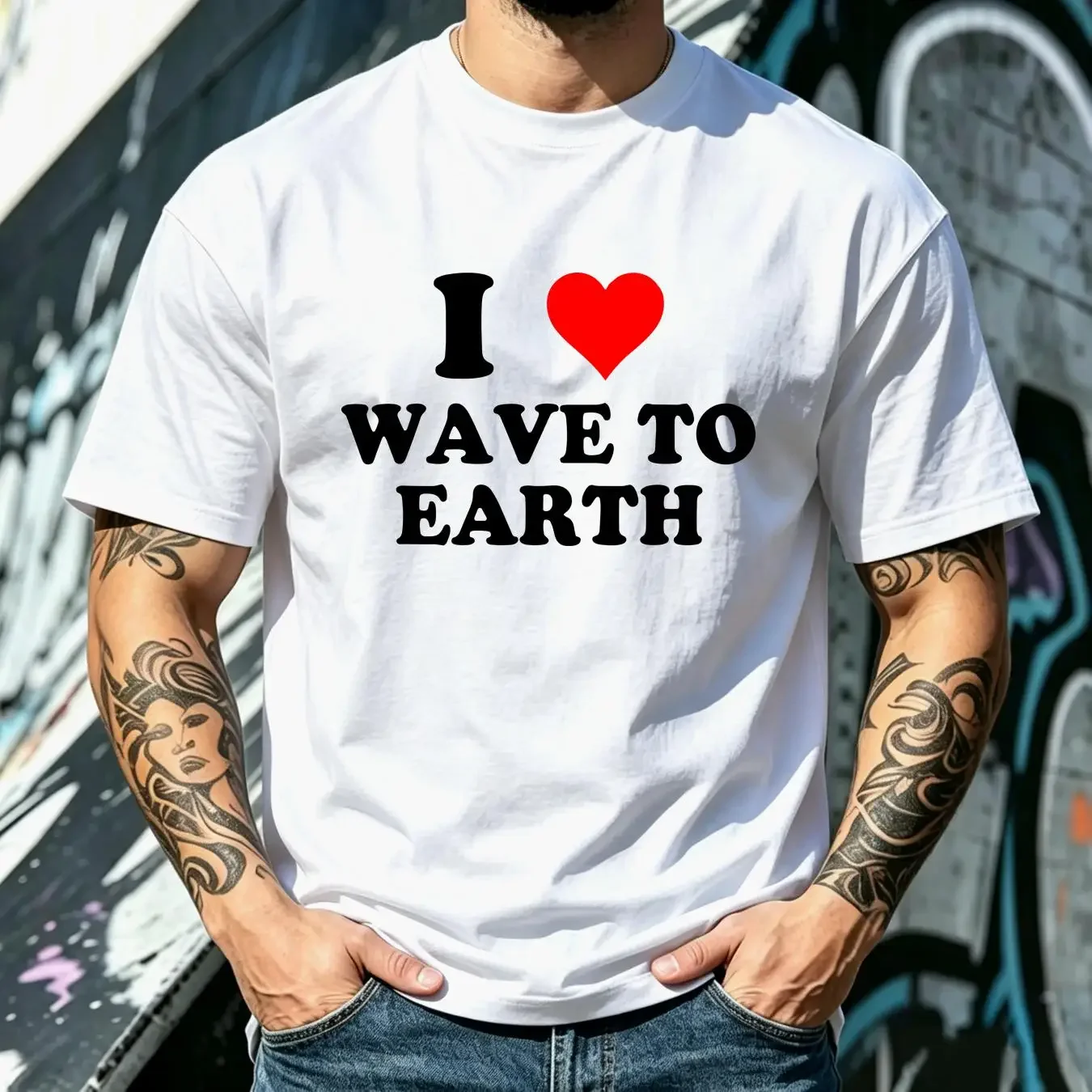washed T Shirt I Love Wave To Earth Heart Red long or short sleeves vintage Washed Top For Everyday Wear homme Slightly