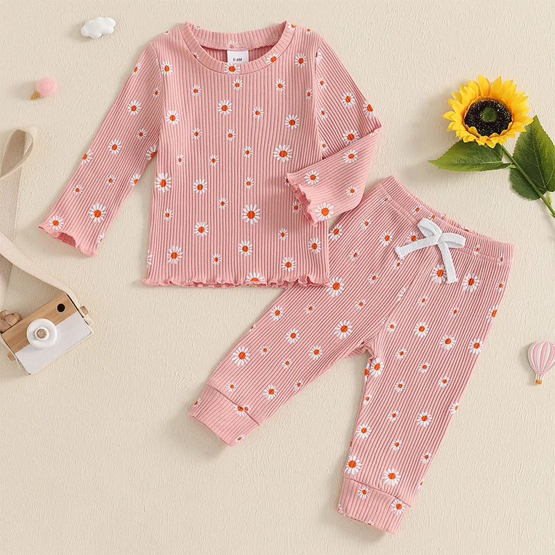 Soft Cotton Long Sleeve Baby Girls Clothes Set 2Pcs Spring Fall Infant Outfits Long Sleeve Flower Ribbed Tops Pants Toddler Suit