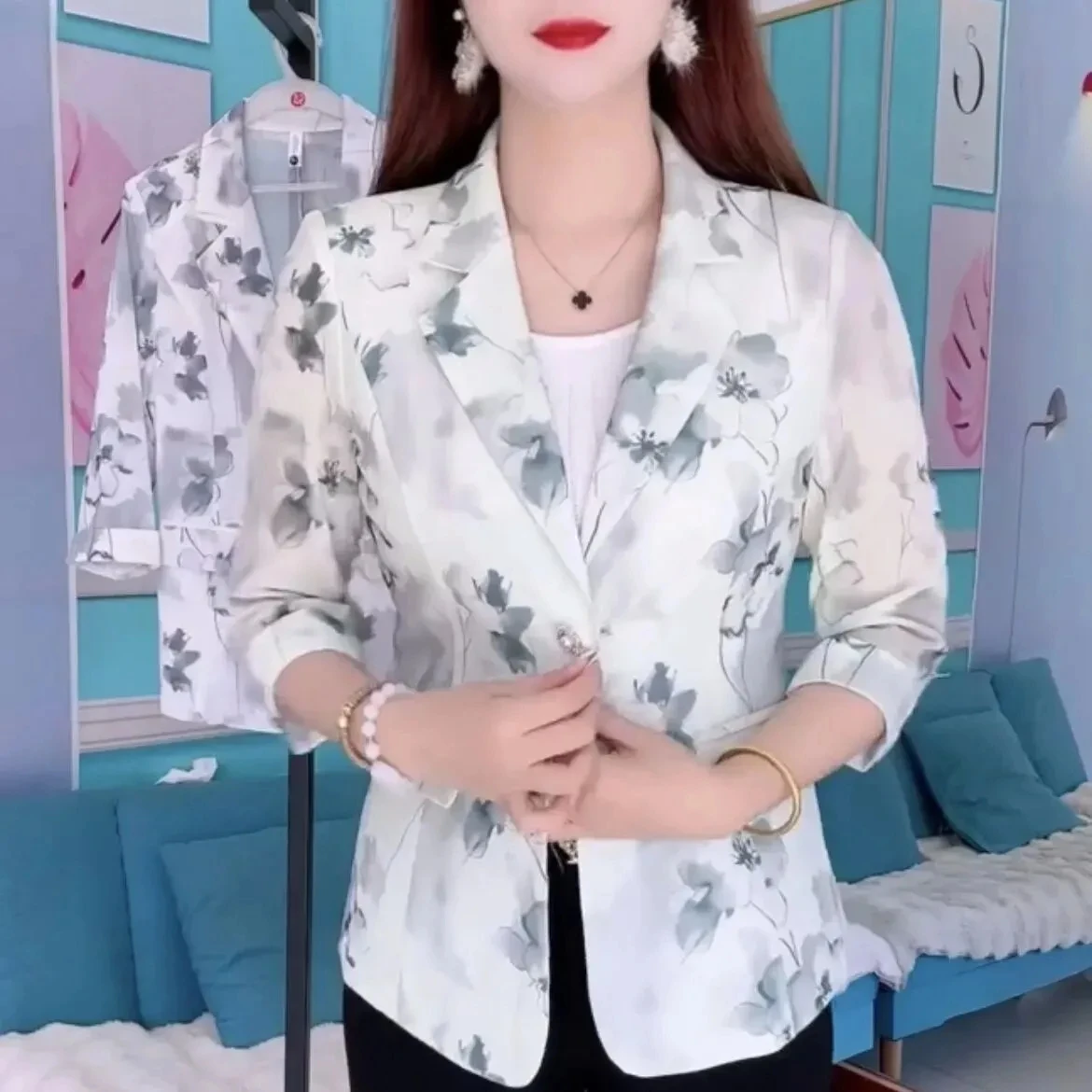 Spring Summer Thin Style Print Small Blazer acket Korean Slim Single Breasted Blazers Three-Quarter Sleeve Sunscreen Suit Coat