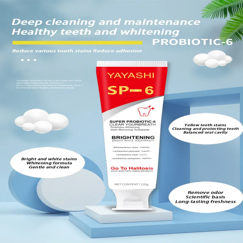 Dentifrice probiotique SP-6 Blanchiment des dents Enlever la plaque SAF Blanchisseur de dents Hygiène buccale Propre Haleine fraîche Denta 120g 2024