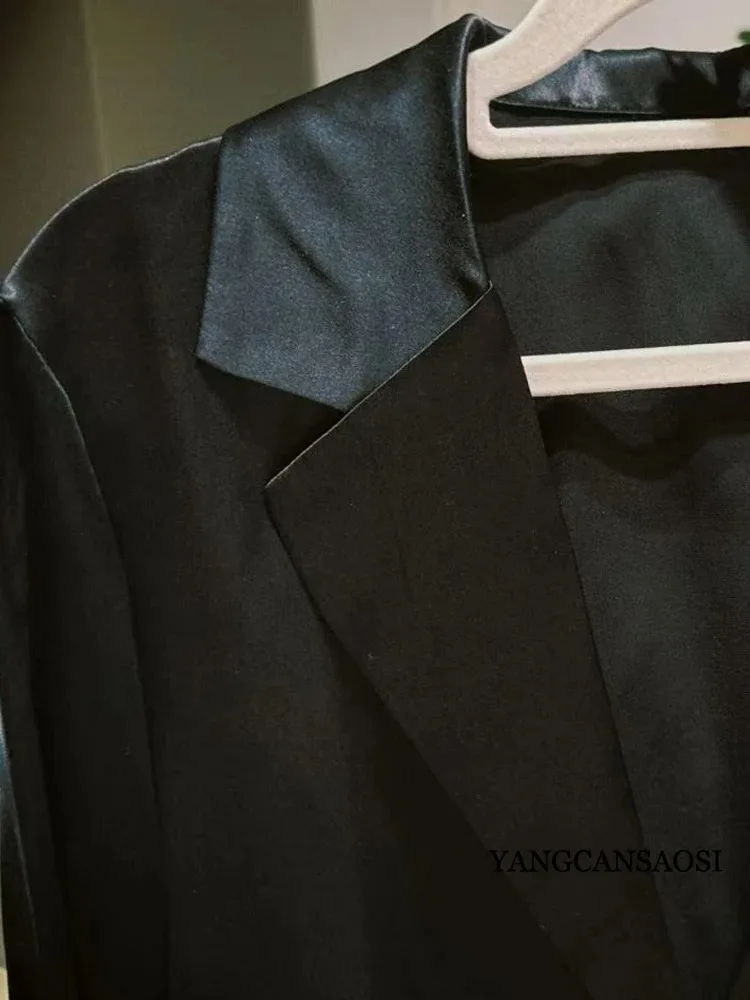 Women's Clothing Heavy 26MM 100% Natural Mulberry Silk Satin Black Commuting Fashionable One Button Office Long Sleeved Suit