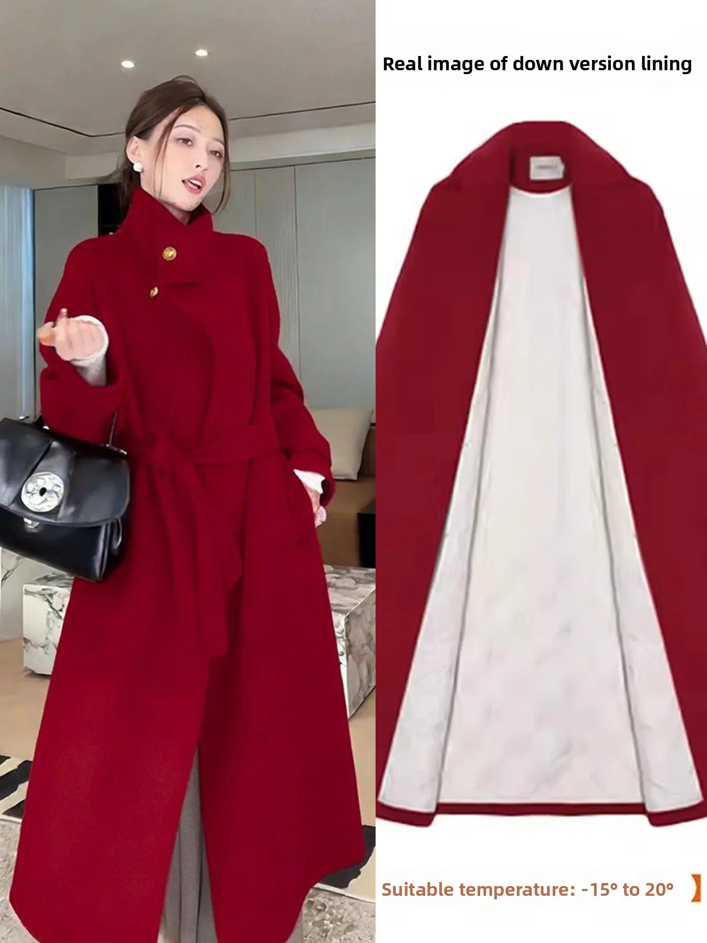 

Red Velvet Woolen Coat Women's Winter New Sle Thiened Stand Collar Embroidery Inner down Jaet Commute Korean Sle