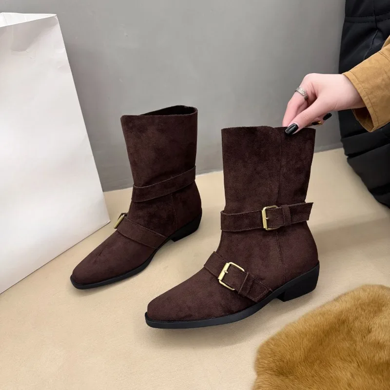 أحذية فرنسية عصرية بأكمام من جلد الغزال وإبزيم معدني ونعل ناعم ومضادة للانزلاق ومقاومة للاهتراء