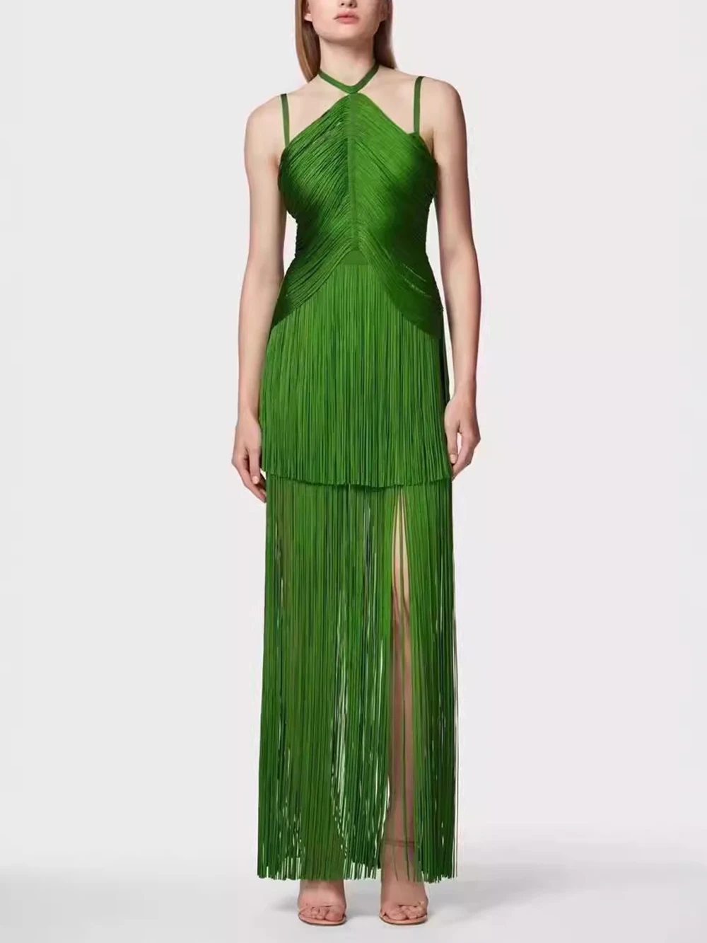 Women Celebrity Luxury Sexy Backless Tassel Green Bandage Long Dress 2024 Bodycon Elegant Evening Club Party Dress