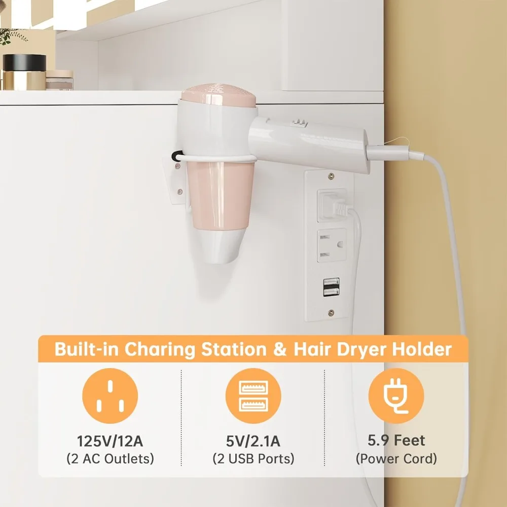 مكتب زينة مكياج مضيء مع مساحة تخزين ذات 9 أدراج ومرآة ثلاثية الطي ثلاثية الألوان