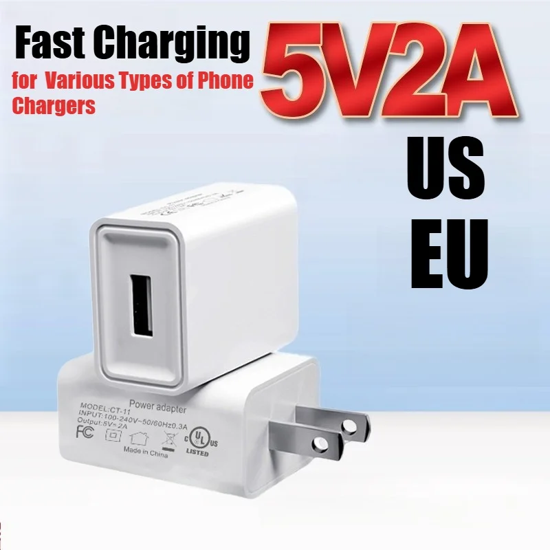 5V2A USB Wall Charger Plug Fast Charging Adapter Power Brick with 2-Prong US Plug for  Various Types of Phone Chargers