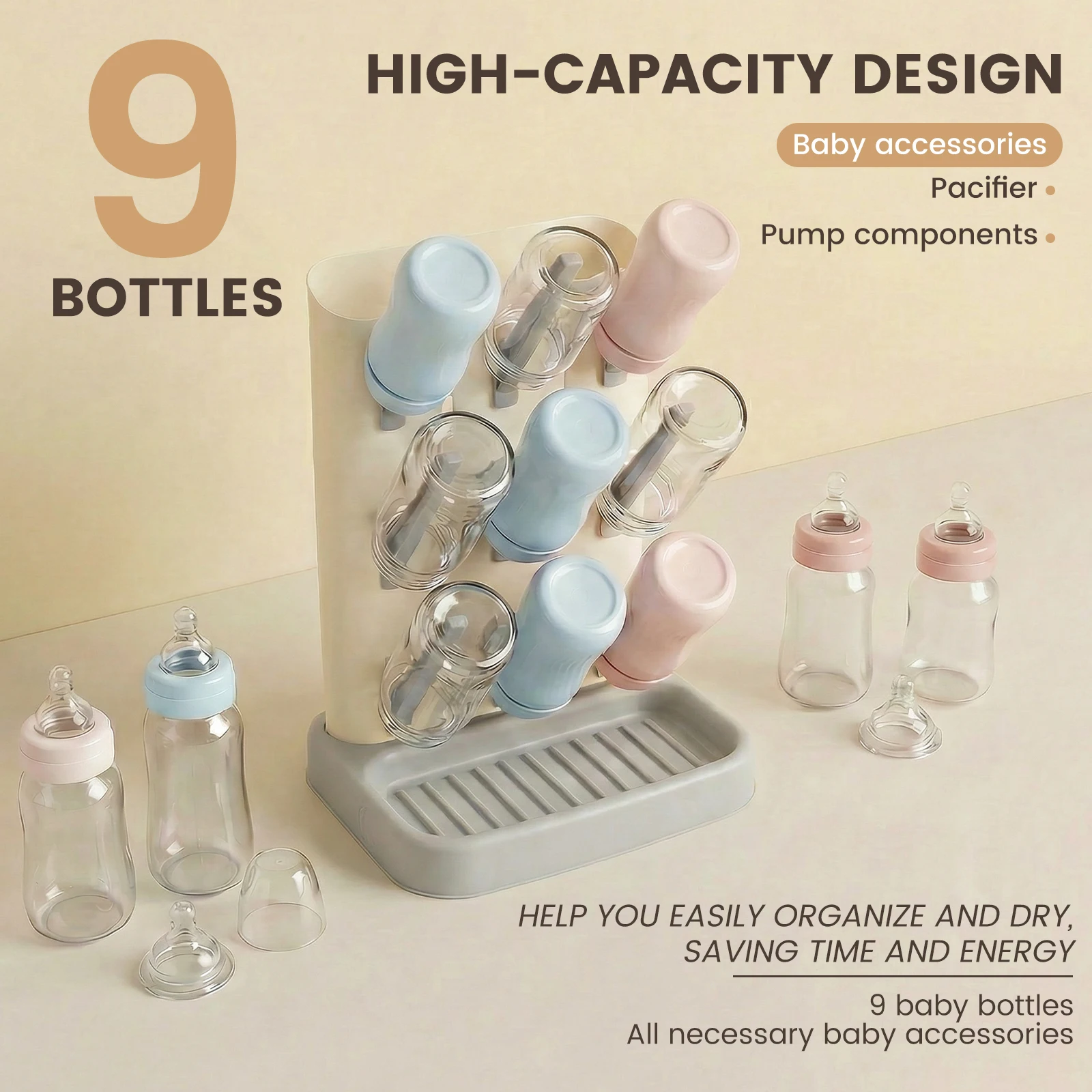 Baby Bottle Drying Rack Large Capacity Vertical Standing Bottle Dryer Holder with Detachable Bottom Drip Tray Draining Device
