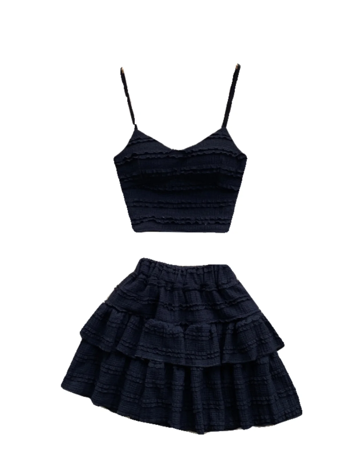 Conjunto de duas peças estilo coreano com alças de renda doce, saia curta sexy com bainha curta, anti-idade, para férias, par...