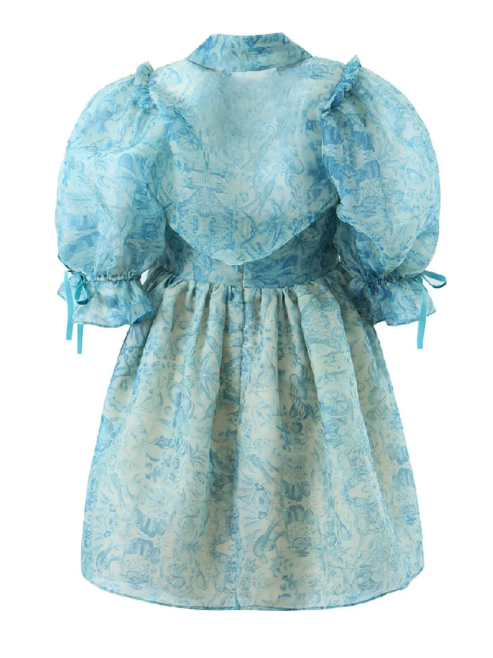 Palace Princess Blue Flower Print Organza Dress With Bandage Rope