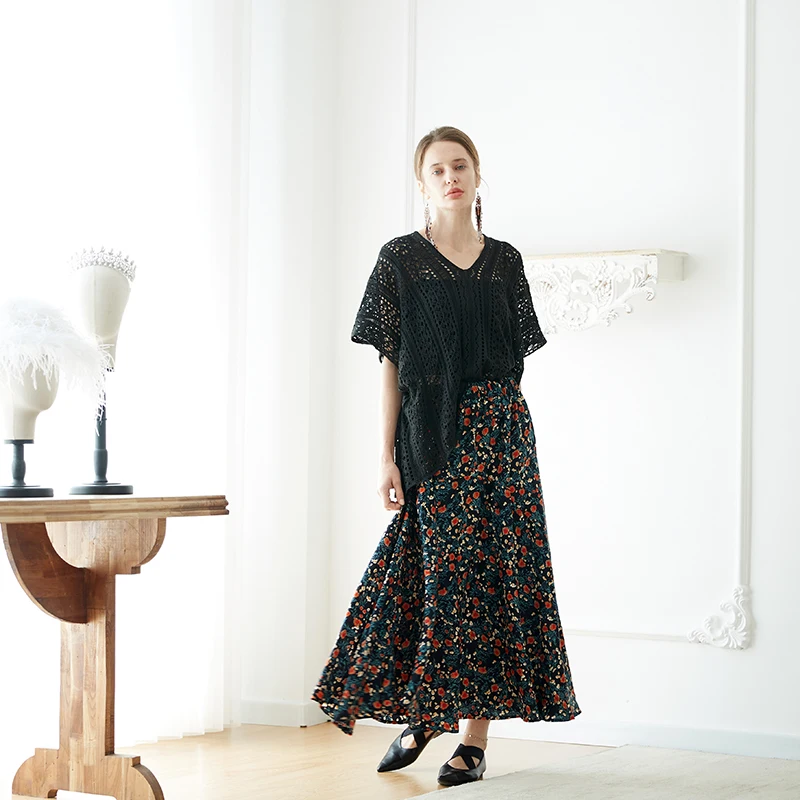 

Ретро-юбка миди А-силуэта с цветочным принтом, летнее платье-макси с завышенной талией, простой дизайн, стройнящая юбка-зонтик с большим подолом, длина до колена