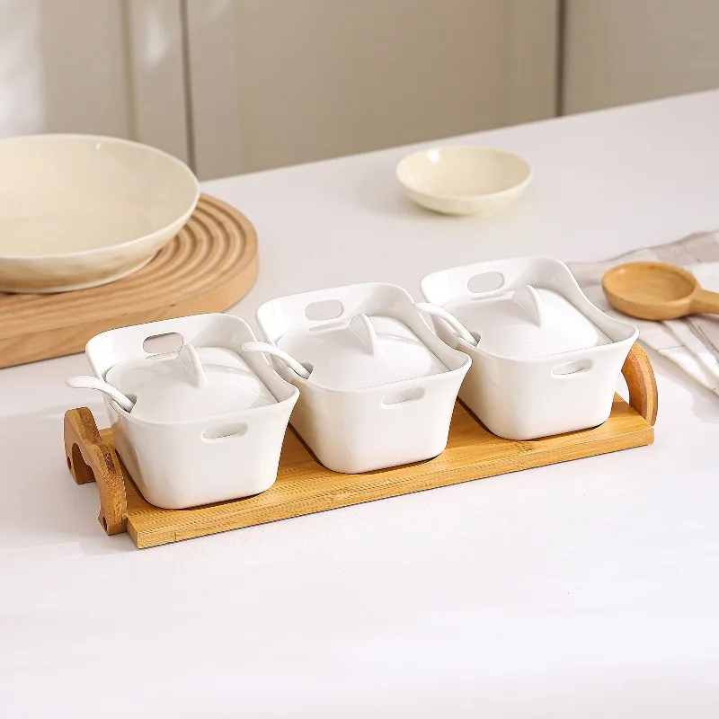 

‌ Керамические банки для специй с бамбуковой основой, скандинавский кухонный органайзер, герметичный набор для соли и сахара, настольная полка для приправ для дома