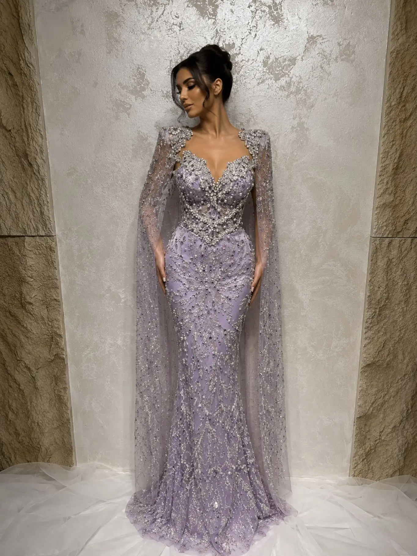 mermaid prom dress with cape Purple Lace Evening Sleeves SF055 Black / 8 Perfect for galas Mermaid Style Prom Gowns: Elegant