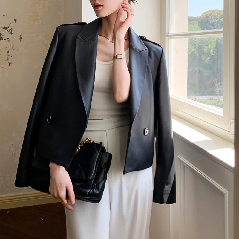 High-quality Sheepskin Leather Jacket 2026 Spring Women High Waist Slim Short Blazer Jacket Chic Ladies Real Leather Suit Coats