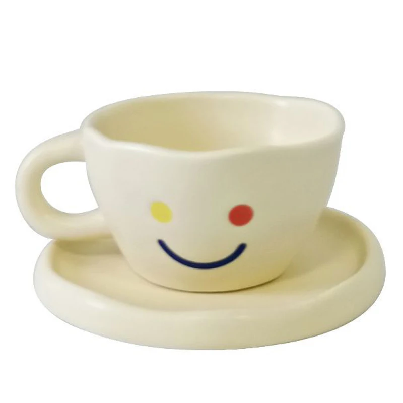 Handmade Irregular Ceramic Coffee Cup And Saucer Set Smile Face Painted Reusable Milk Tea Mug