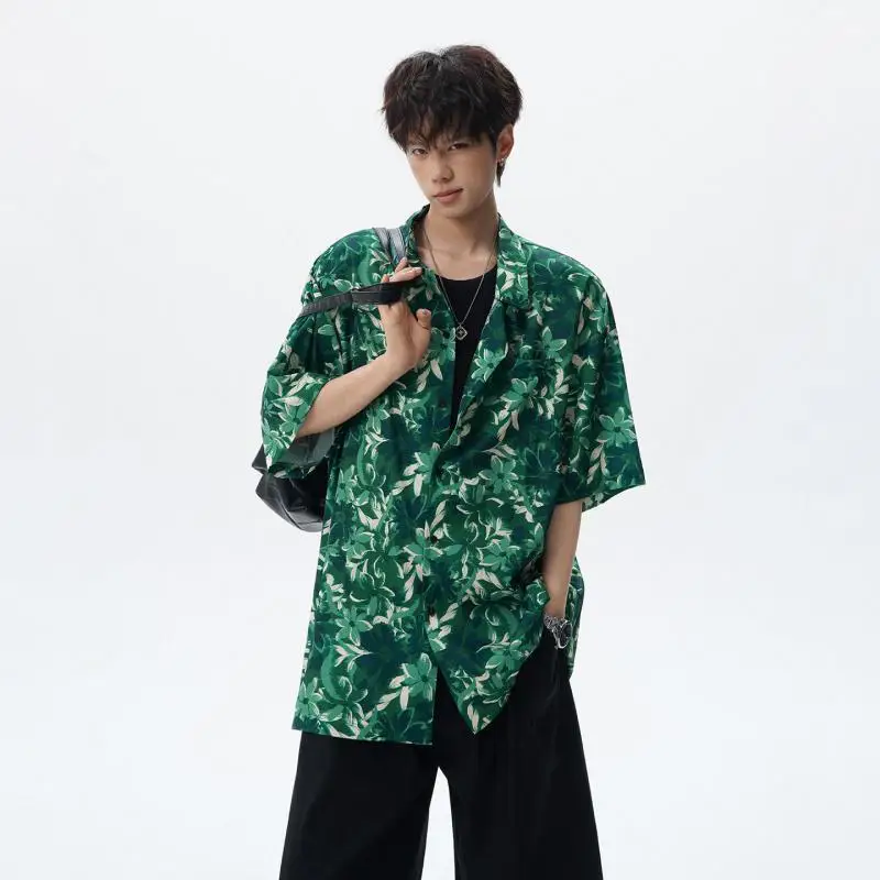 Men's Green Vintage Floral Print Cuban Collar Short Sleeve Shirt Loose Fit Breathable Casual Hawaiian Streetwear Summer Resort