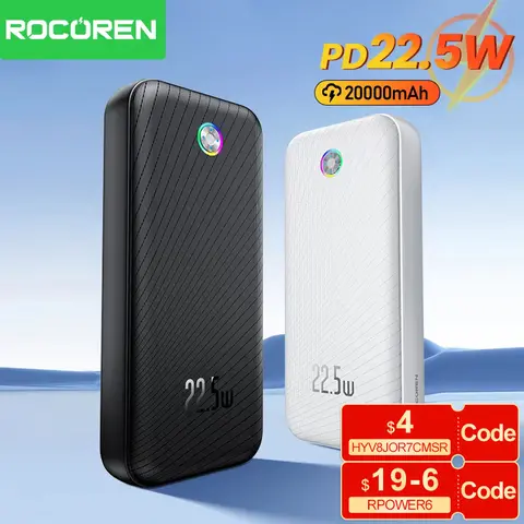 Rocoren 22.5W 20000mAh 보조베터리 QC PD 3.0 고속 충전 보조베터리 iPhone 16 Pro Xiaomi mi 용 휴대용 10000mAh 외장 배터리