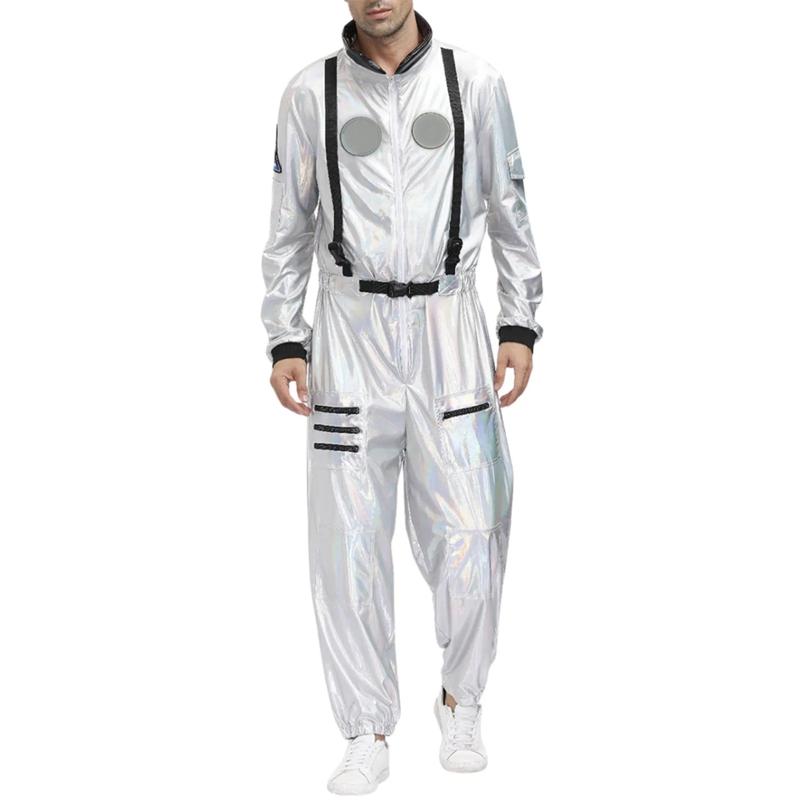 

Spaceman Zipper Jumpsuit Halloween Men Women Astronaut Costume Adult Silver Uniform Carnival Party Dress Up Cosplay Space Suit