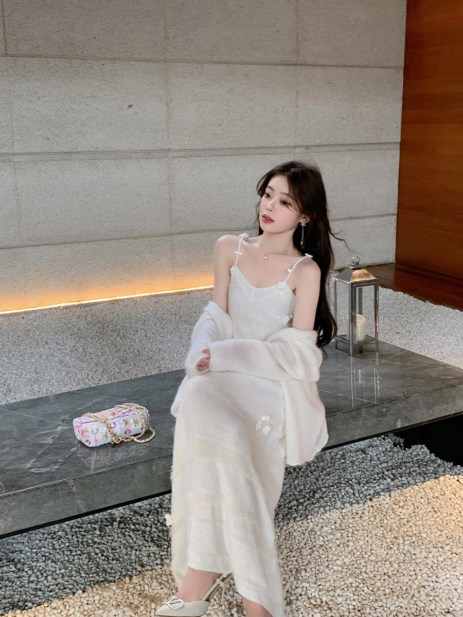 

ByYou Soft White Mohair Knitted Open Cardigan Women's Loose Lazy Sle Sweater Jaet Korean Version Long Sve Mid-Length