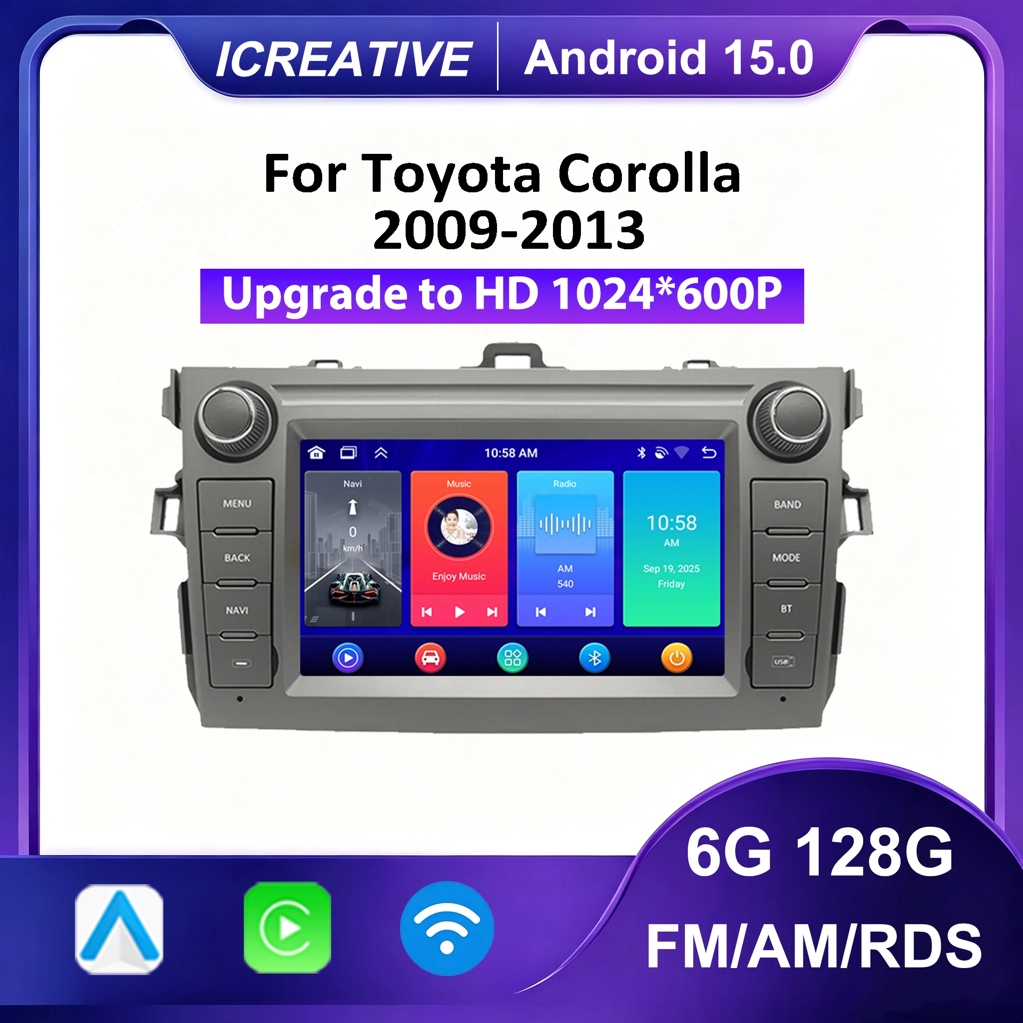 ICREATIVE 2 Din Android 15 Carplay For Toyota Corolla E140 150 2009-2013 Car Radio Multimedia Player GPS Android Auto Head Unit