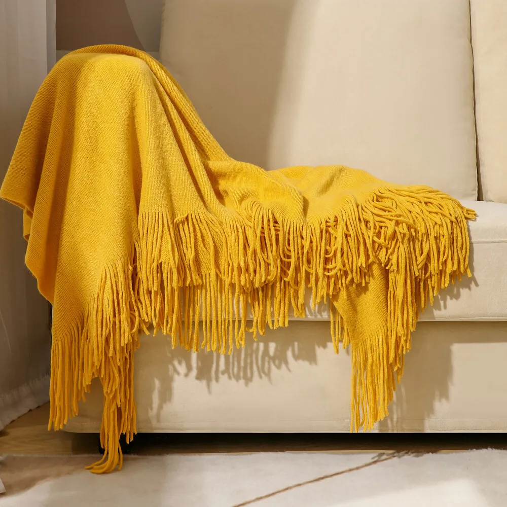 Napping Blanket Bed Home Decorative Sofa Throws Industrial Style Tapestry Warm Knit Blanket Beige Soft Tassel Plaid
