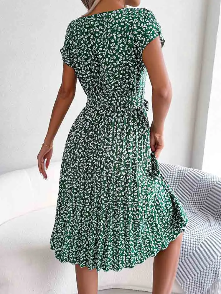 Fashion Floral Pleated A Line Long Dress Women Spring Summer Short Sleeve High Waist Chic Dress