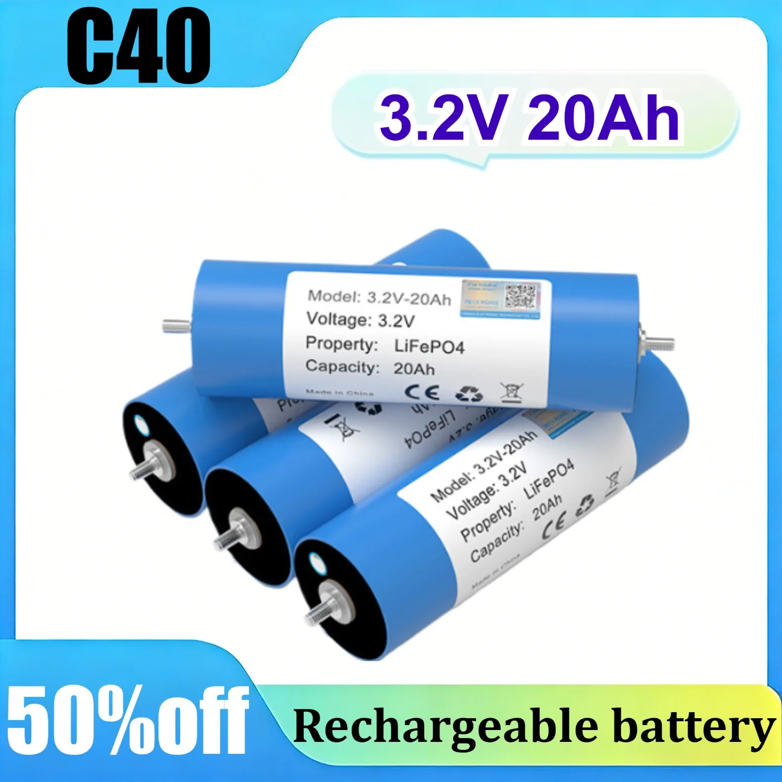 

New 3.2V 20Ah C40 Cylindrical LiFePO4 Battery Cell Grade A Power & Energy Storage Battery for Yachts and Motor Homes