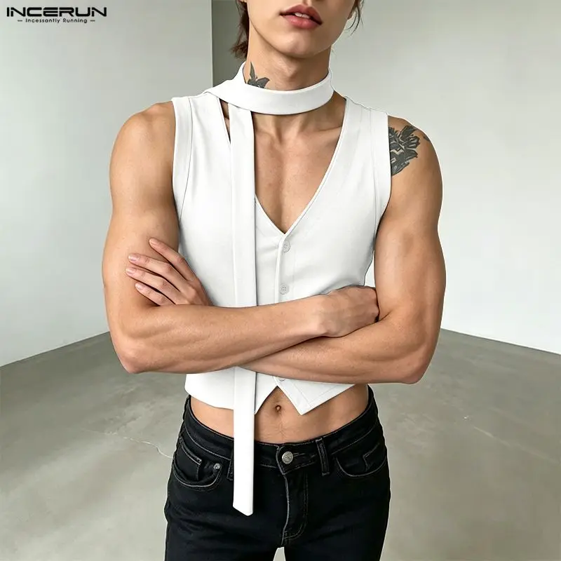 INCERUN Men's Tank Tops Solid Color V Neck Sleeveless Casual Male Vests With Belt Streetwear Button Fashion Crop Tops For Man