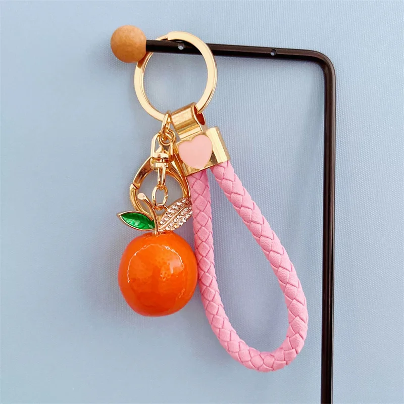 Creative Fruit Series Imitation Orange Keychains Men Car Key Rhinestone Pendant Small Gift for Women Cute Bag Pendant Jewellery