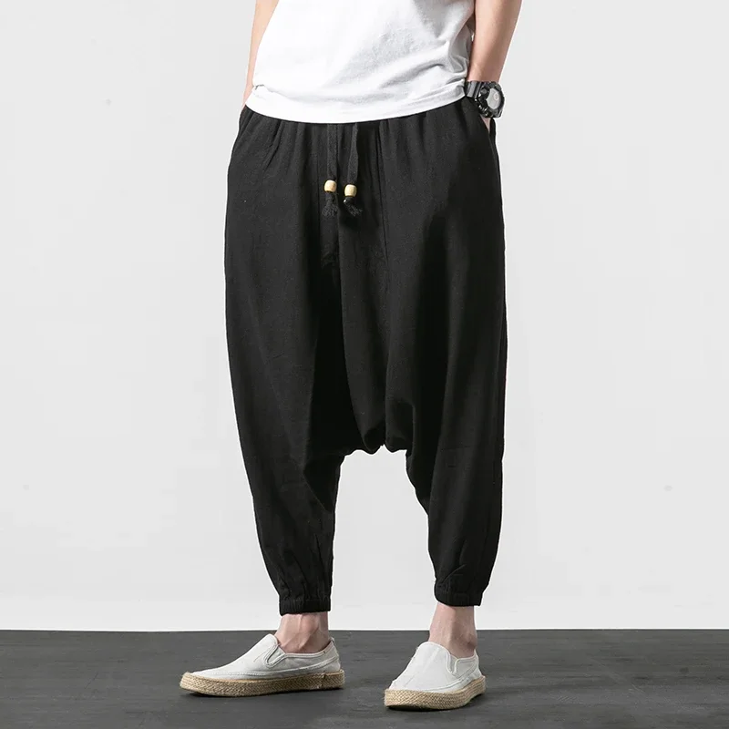 Men Wide Legs Pants Baggy Harem Pants Men Solid Black Trousers Male HipHop Joggers man streetwear hip hop linen Cross-pants