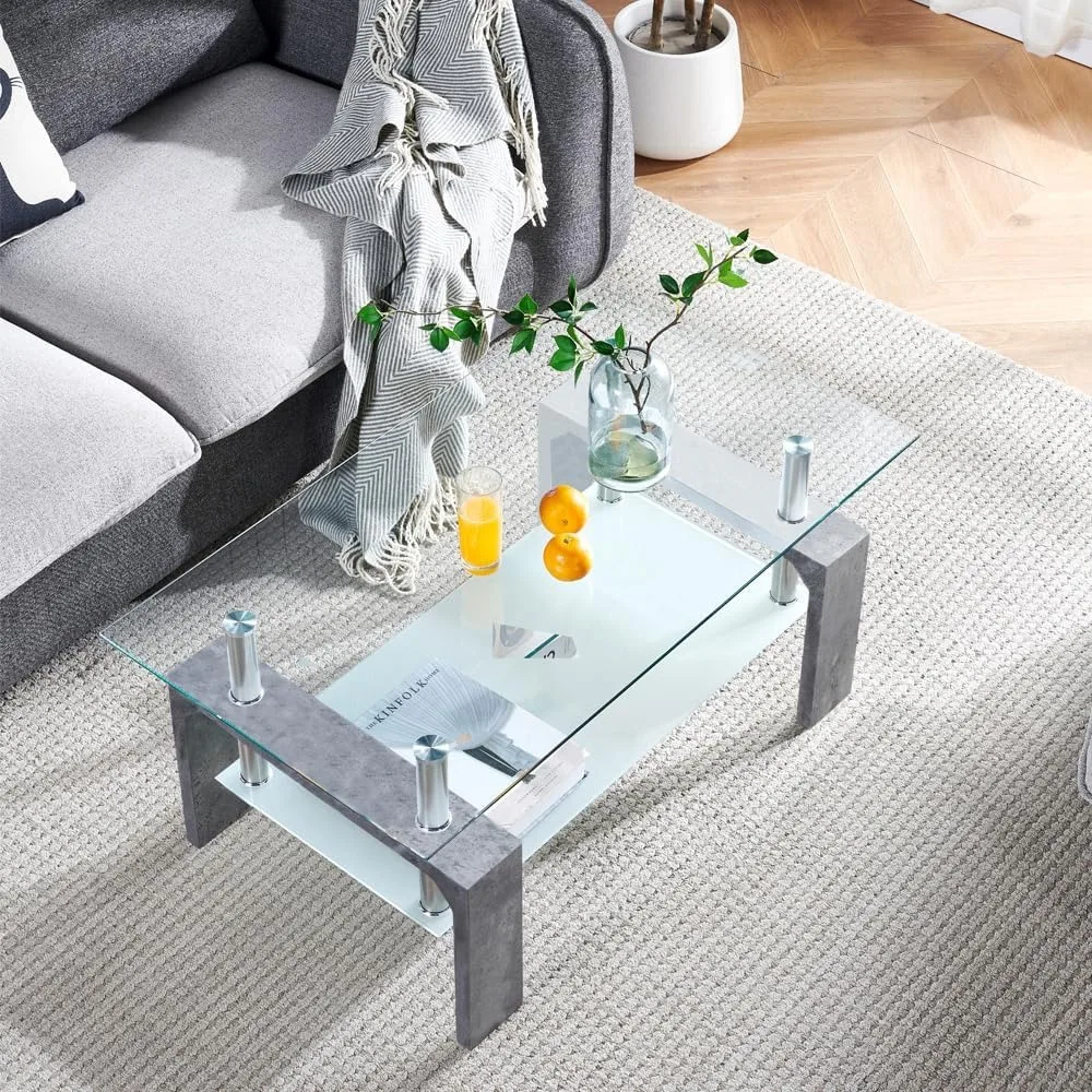 

Tea Table Suitable for Waiting Room, Modern Side Coffee Table with Wooden Leg, Glass Tabletop with Lower Shelf