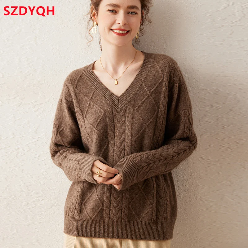 2023 Winter New 100% Cashmere Sweater V-neck Solid Color Women\'s Thicken Warm Pullover Female Loose Large Size Knitted Jumper