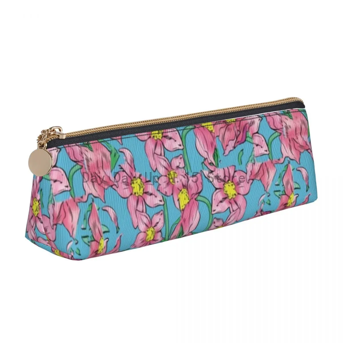 

Floral Leather Pencil Case Pink Flower Print Stationery For Teens Zip Pencil Box Vintage Large Capacity Triangle Pen Bags