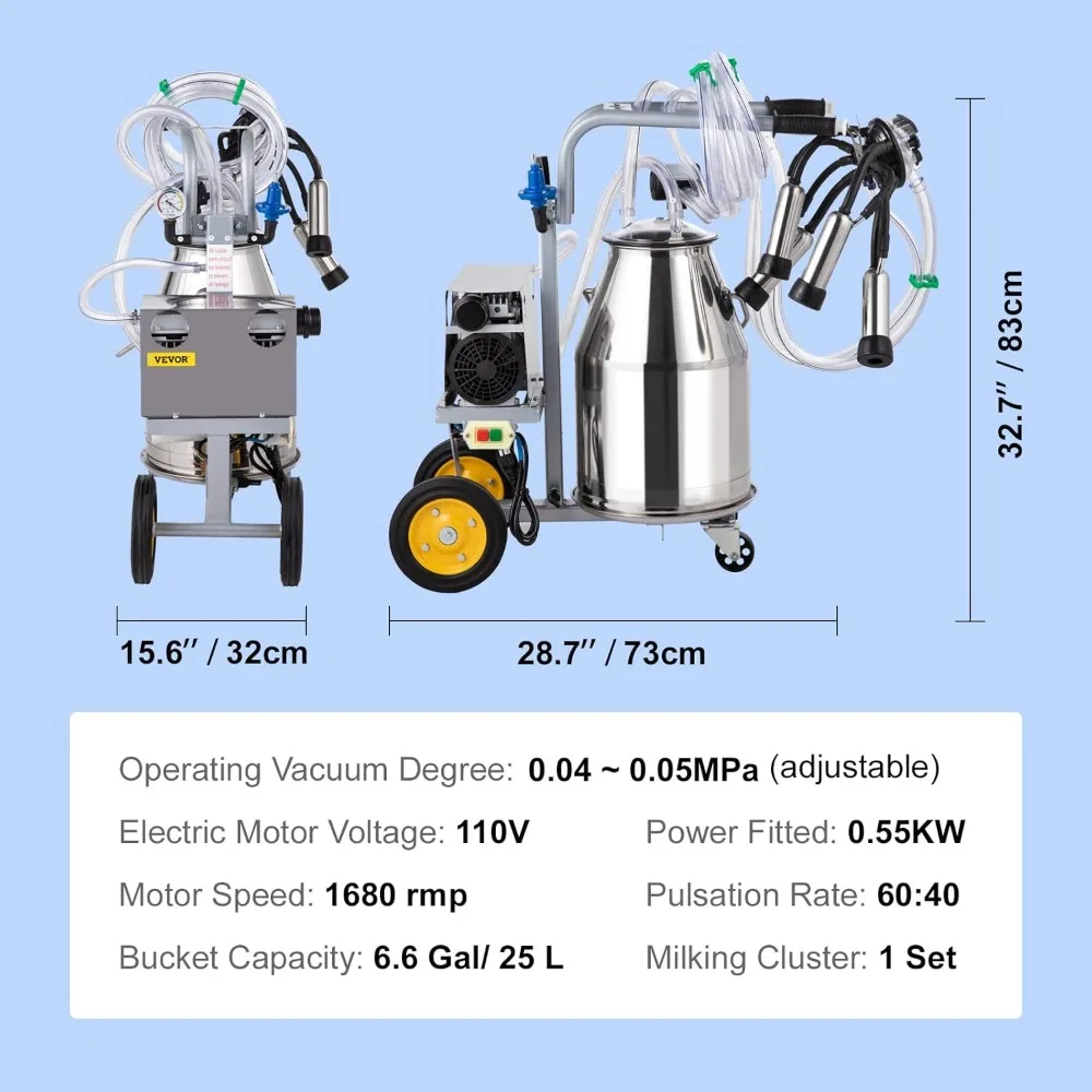 Electric Milking Machine 25L, 5-8 Cows Per Hour, 304 Stainless Steel Bucket Single Bucket, Easy To Maneuver, Goat Milker