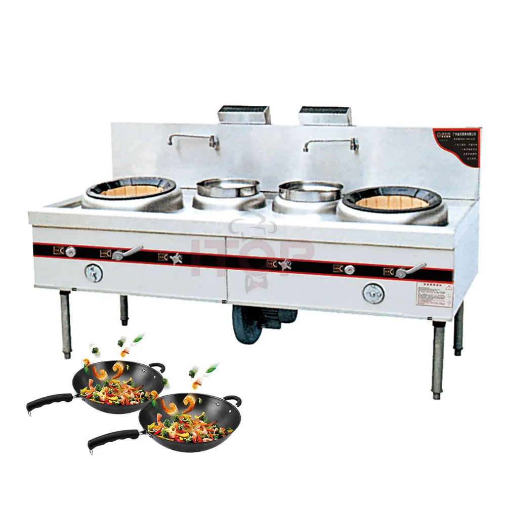 Commercial Restaurant 304 Stainless Steel Fire Brick Double Burner Gas Stove With Water Basins