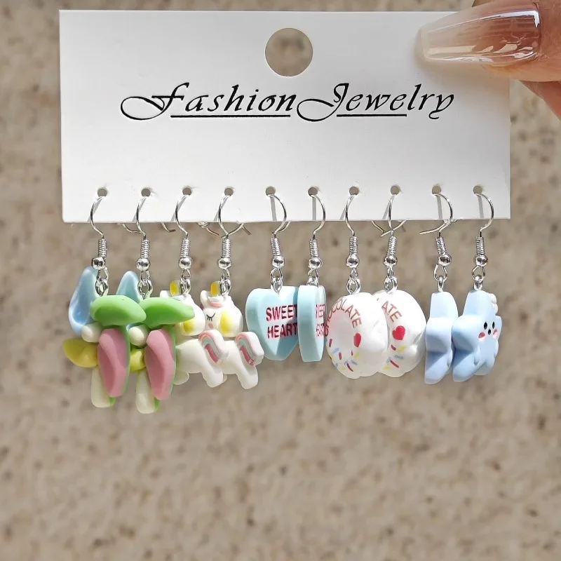 Fashion 5-piece New Color Acrylic Simulation Food Candy Donut Windmill Love Oil Drip Earring Set for Women