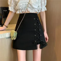 Women Fashion Vintage Mall Goth Black A-line Skirt Slim Bandage Skirts Female Harajuku High Waist Hip Mini Y2k New Mini Dresses