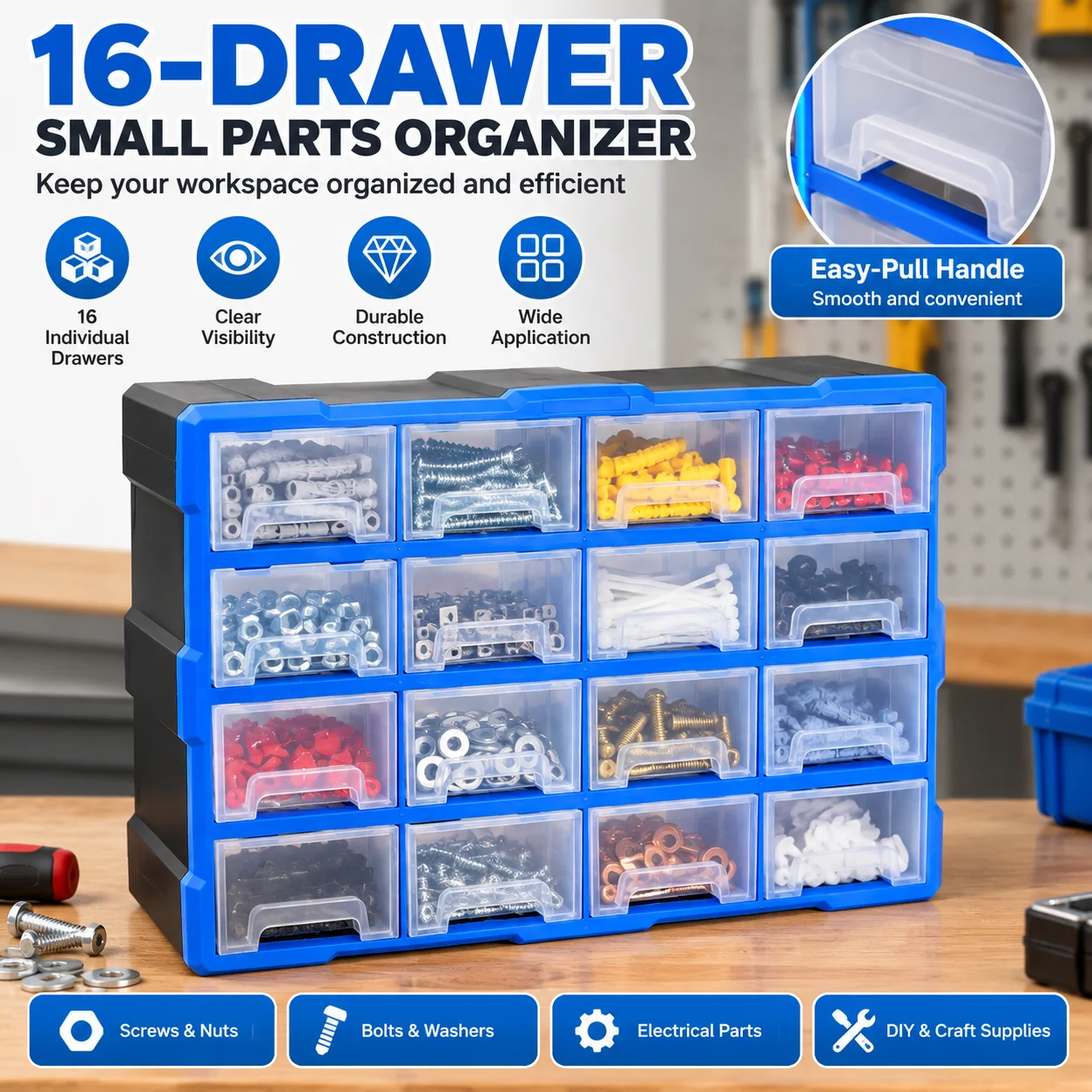 16-Drawer Small Parts Organizer Cabinet, Wall Mount Desktop Storage Box for Screws Nuts Bolts, Garage Workshop Tool Organizer