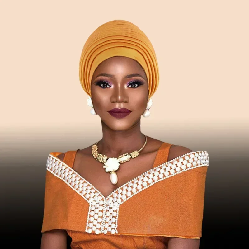 Muslim Headscarf Hat Turbante Mujer African Headpiece Pleated Turban Cap for Women Head Wraps Auto Gele Headtie Wedding Mujer