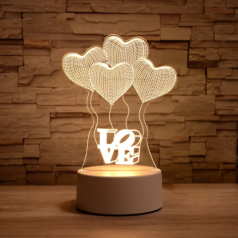 Lámpara 3D de amor romántico, globo en forma de corazón, luz de noche LED acrílica, lámpara de mesa decorativa, regalo de San Valentín, corazón, esposa