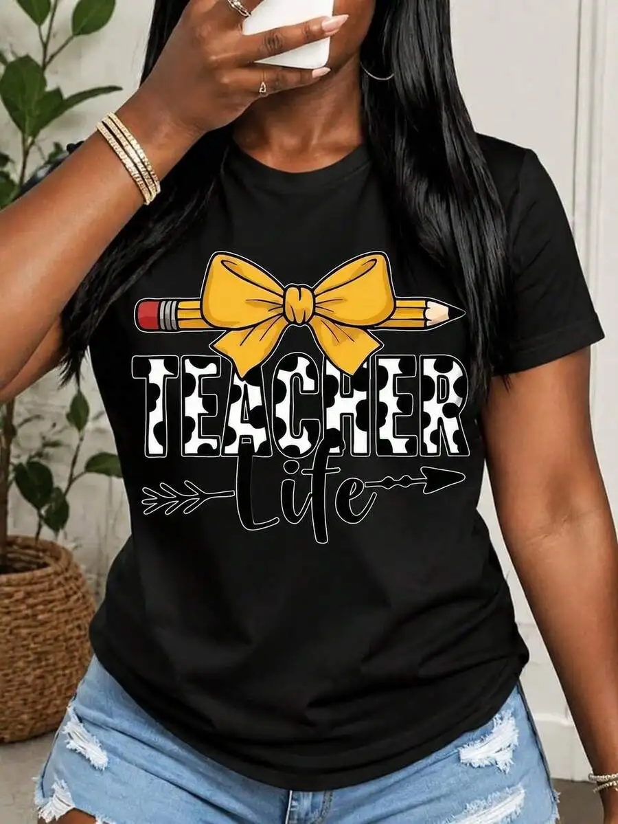 Cute Teacher Life Pencil Bow Graphic Tees Women, Cow Print Letter Short Sleeve T Shirts, Casual Round Neck Summer Tops, Stylish Vacation Outfits