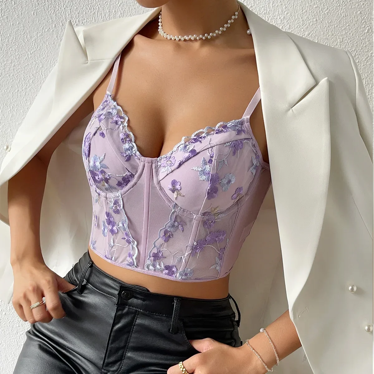 

Sexy Women Mesh Corsets Shaper Flower Embroidery Bustier Steel Ring Fishbone Slim Fit Versatile Lady Corset Top Underbust Corset