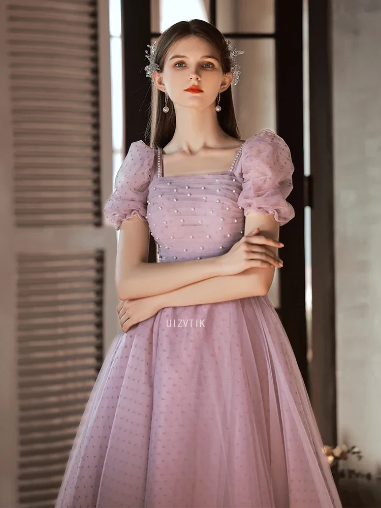 2025 New Customized Long Pink Tulle Wedding Photoshoot Dresses A-Line Square Neck حزب اللباس Floor Length Prom Dress for Women