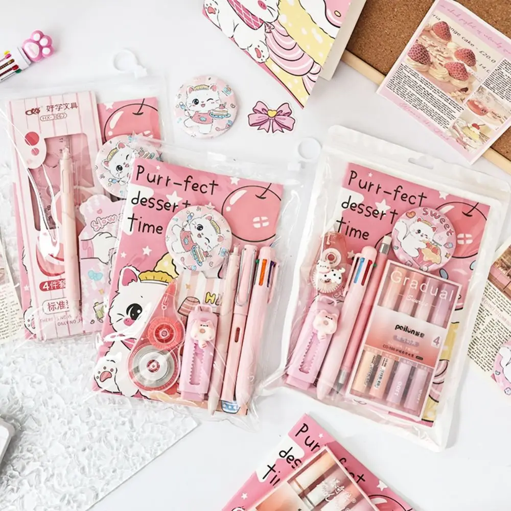 New High Quality 5/8/10pcs Cute Cat Design Stationery Set Students Gift Kit Highlighter Gel Pen Correction Tape School Office