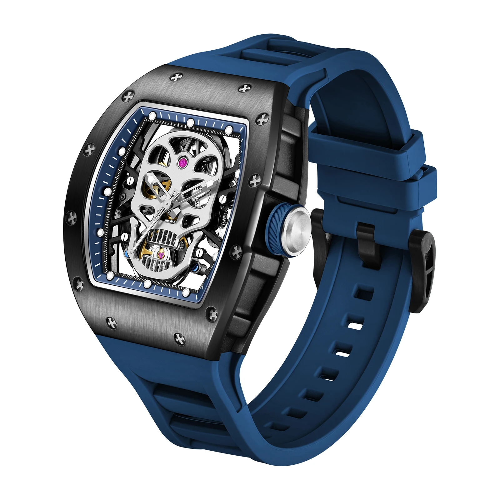 Casual Hollow Design Automatic Skeleton Watch Mechanical Movement Waterproof Tonneau Wristwatch with Silicon Strap for Sports